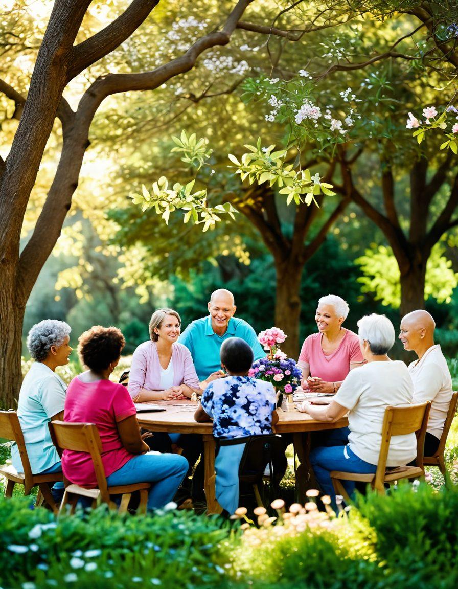 A serene scene showcasing a diverse group of cancer survivors engaging in a support group outdoors, surrounded by blooming flowers and trees symbolizing hope and new beginnings. In the foreground, a warm, inviting atmosphere with soothing colors and soft sunlight filtering through the leaves, representing the journey from treatment to thriving. Incorporate elements symbolizing support, like hands joining in a circle and a vibrant 'thrive' banner. super-realistic. vibrant colors. nature background.