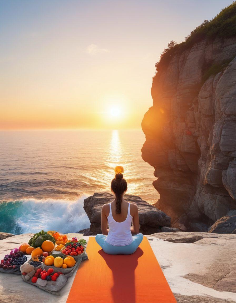 A serene landscape featuring a strong, healthy person meditating on a rocky cliff overlooking a calm ocean, symbolizing resilience. Surround the figure with elements representing holistic health: natural herbs, yoga mats, and vibrant fruit. Include a bright sunrise in the background, reflecting hope and renewal. The overall theme should evoke tranquility and strength. super-realistic. vibrant colors. white background.